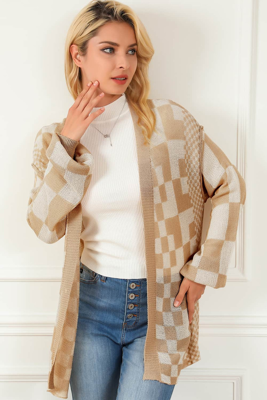 Khaki Mixed Checker Knit Drop Shoulder Cardigan