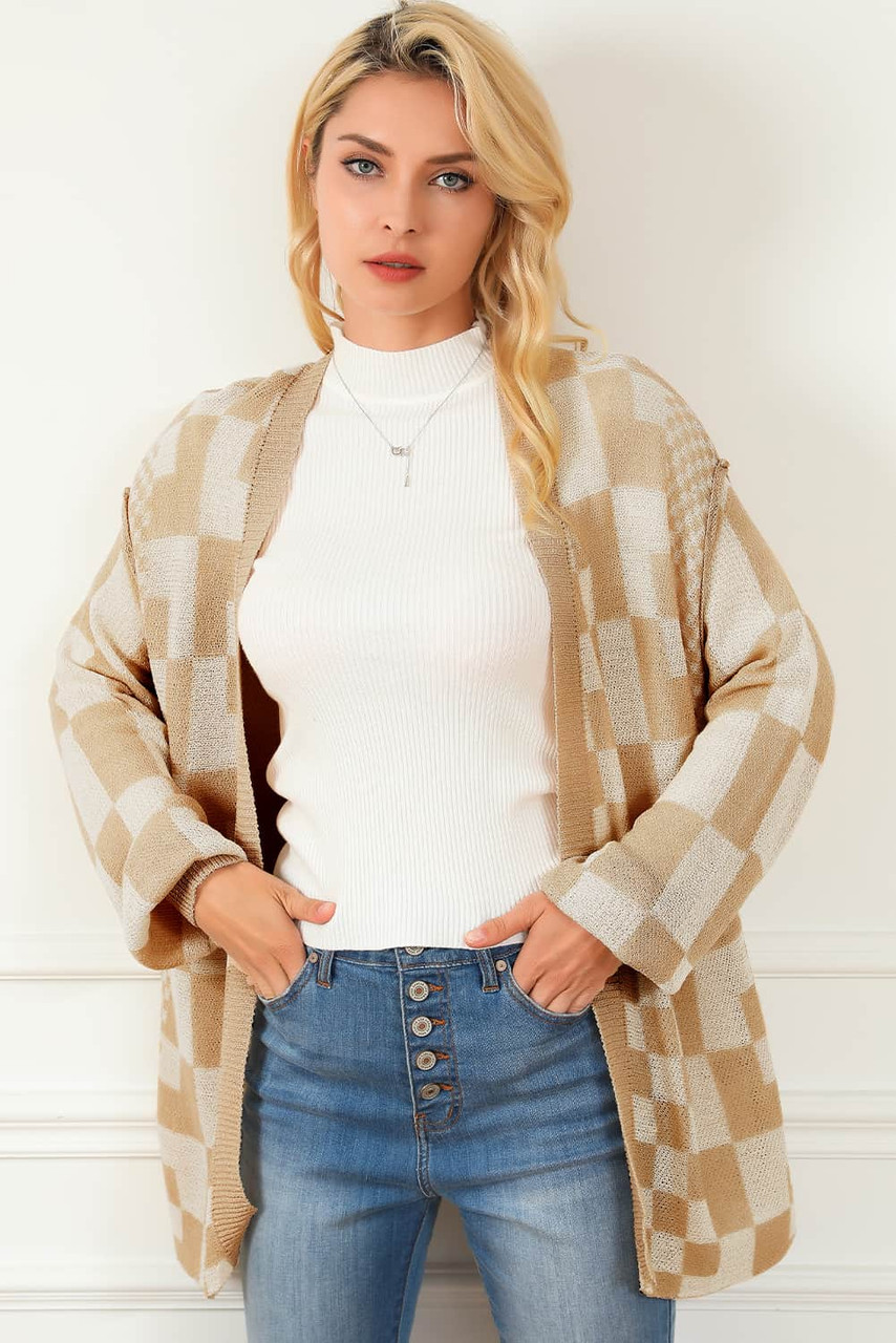 Khaki Mixed Checker Knit Drop Shoulder Cardigan