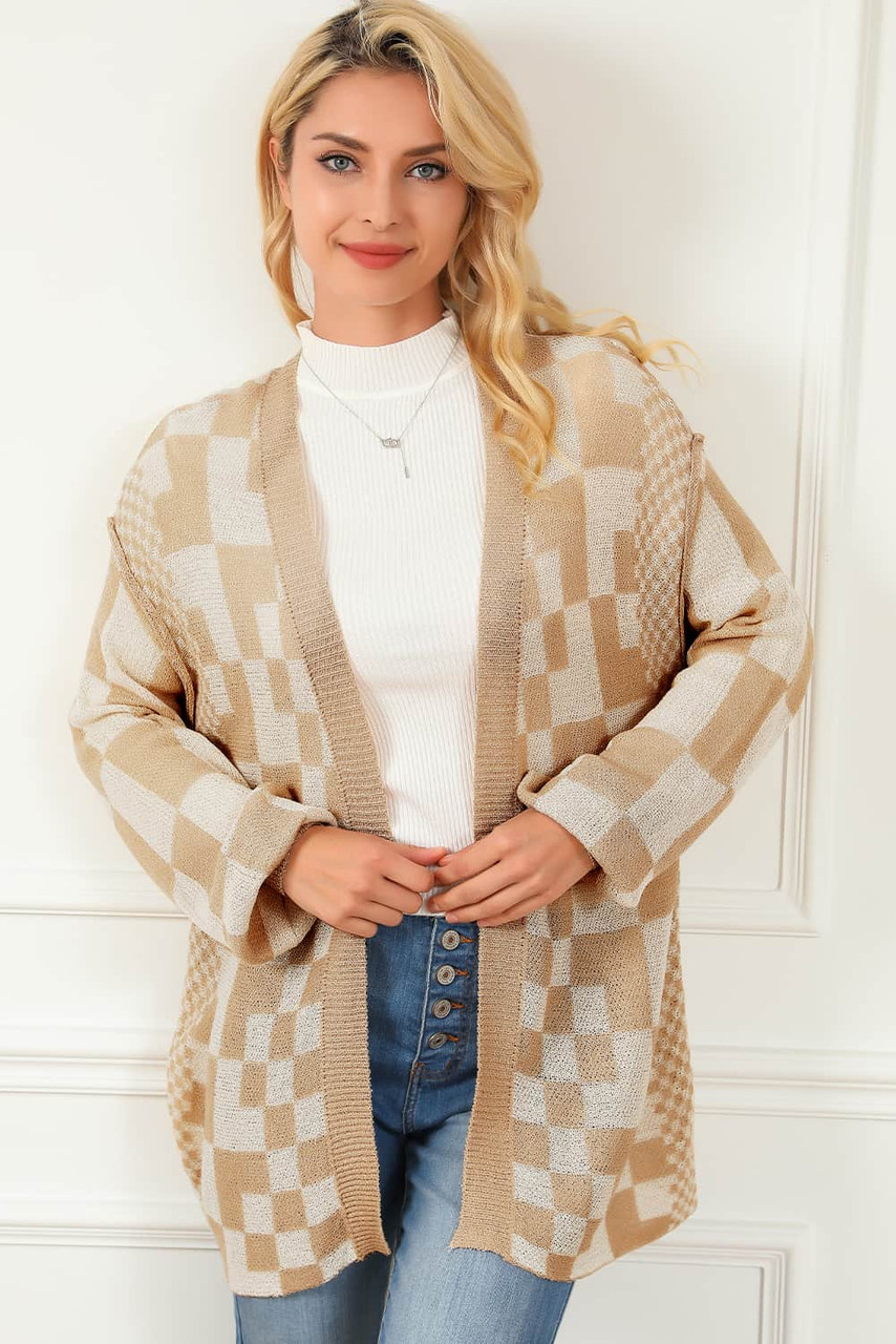 Khaki Mixed Checker Knit Drop Shoulder Cardigan