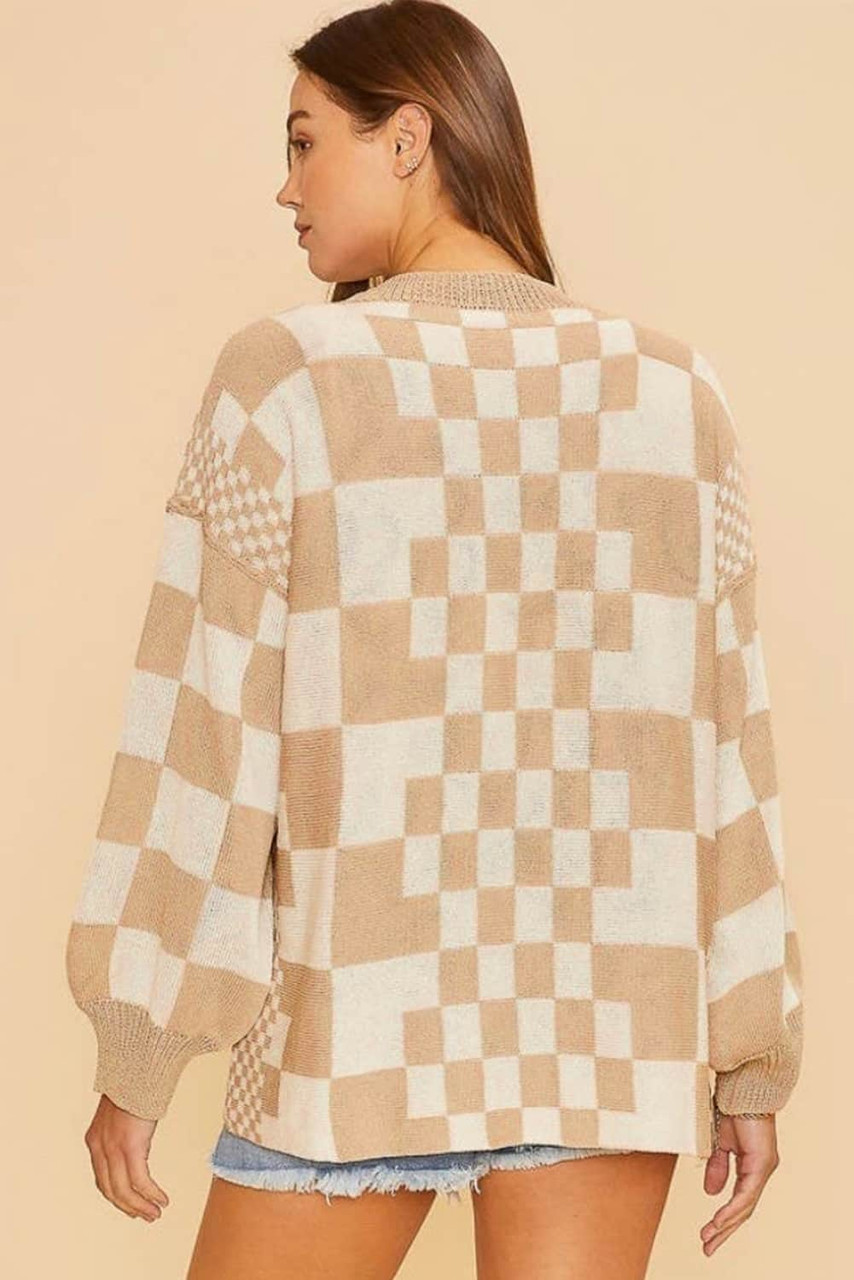 Khaki Mixed Checker Knit Drop Shoulder Cardigan