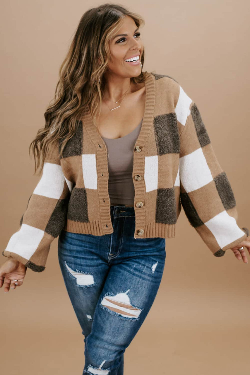 Brown Checkered Knit Ribbed Trim Buttoned Plus Cardigan