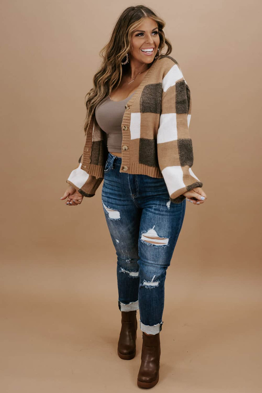 Brown Checkered Knit Ribbed Trim Buttoned Plus Cardigan