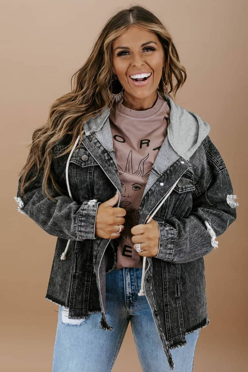 Black Drawstring Hooded Frayed Denim Jacket Black Drawstring Hooded Frayed Denim Jacket