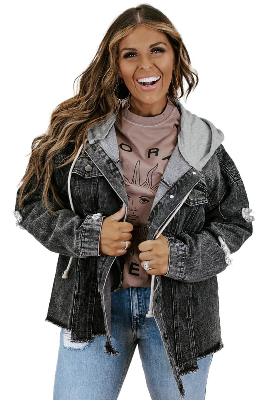 Black Drawstring Hooded Frayed Denim Jacket Black Drawstring Hooded Frayed Denim Jacket