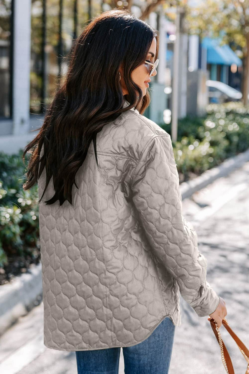 Beige 4 Big Pockets Quilted Button Down Puffer Coat