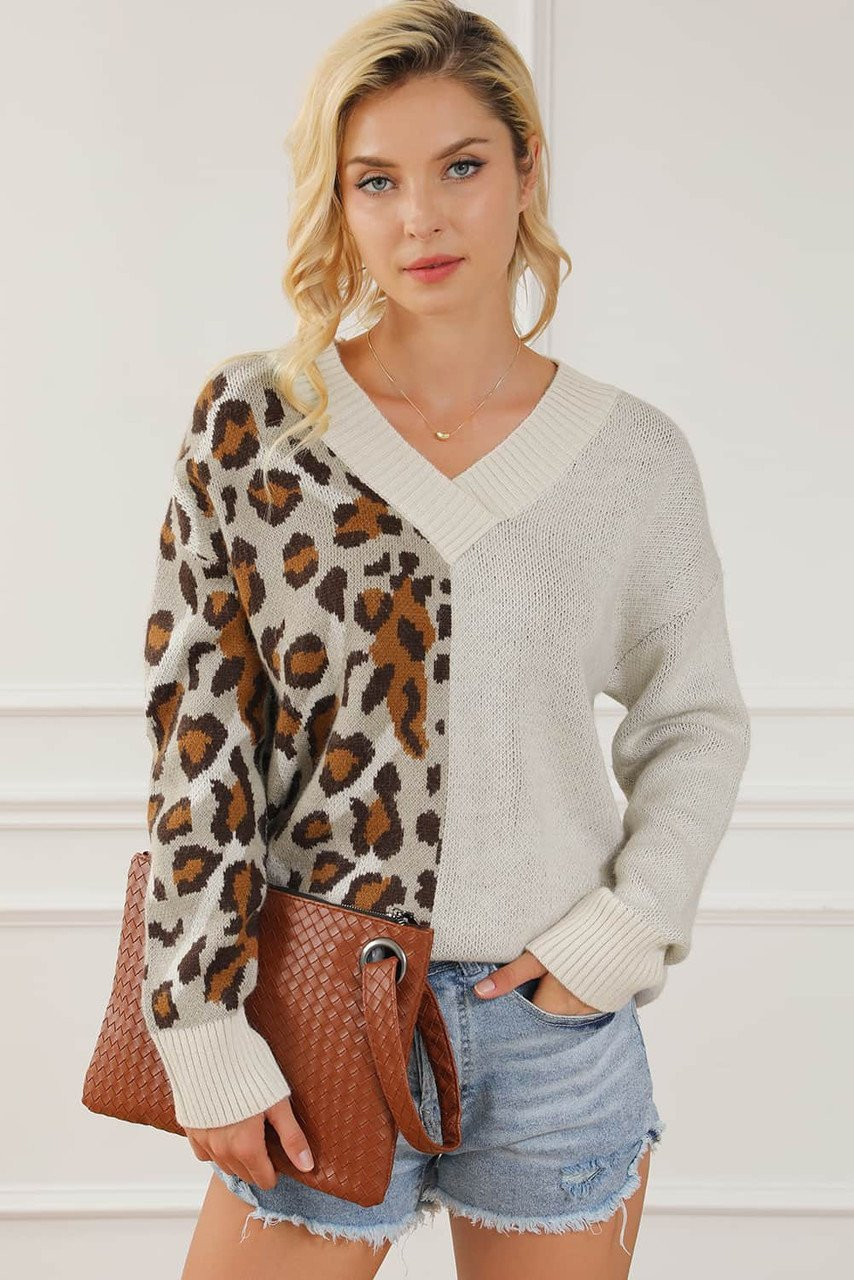 Leopard Color Block V Neck Drop Shoulder Knit Sweater Leopard Color Block V Neck Drop Shoulder Knit Sweater