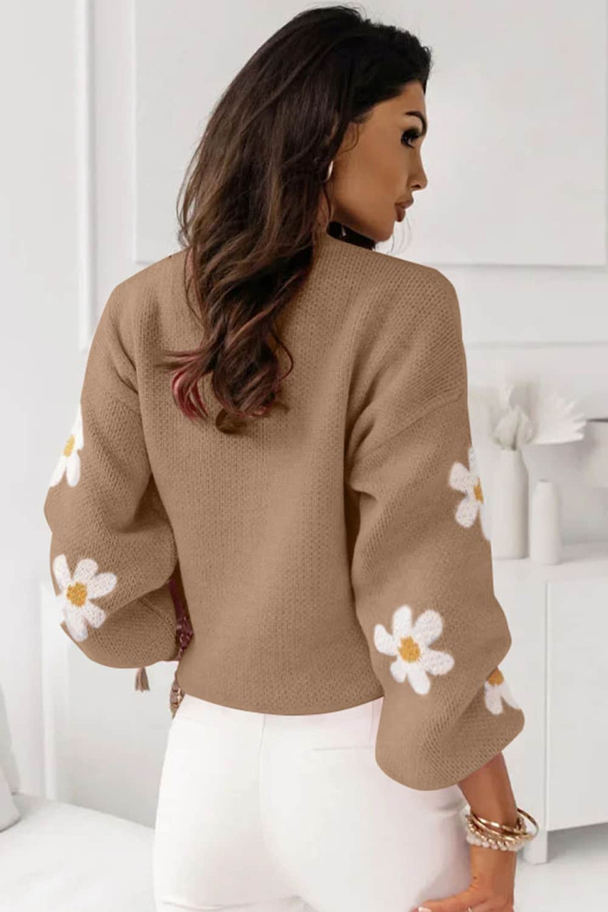 Pale Khaki Pink Floral Pattern Drop Shoulder Sweater