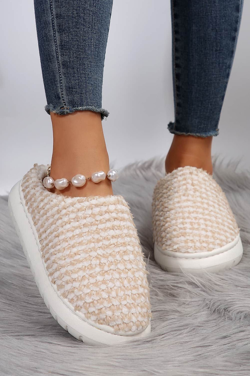 Pale Khaki Two-tone Knitted Warm Homewear Slippers