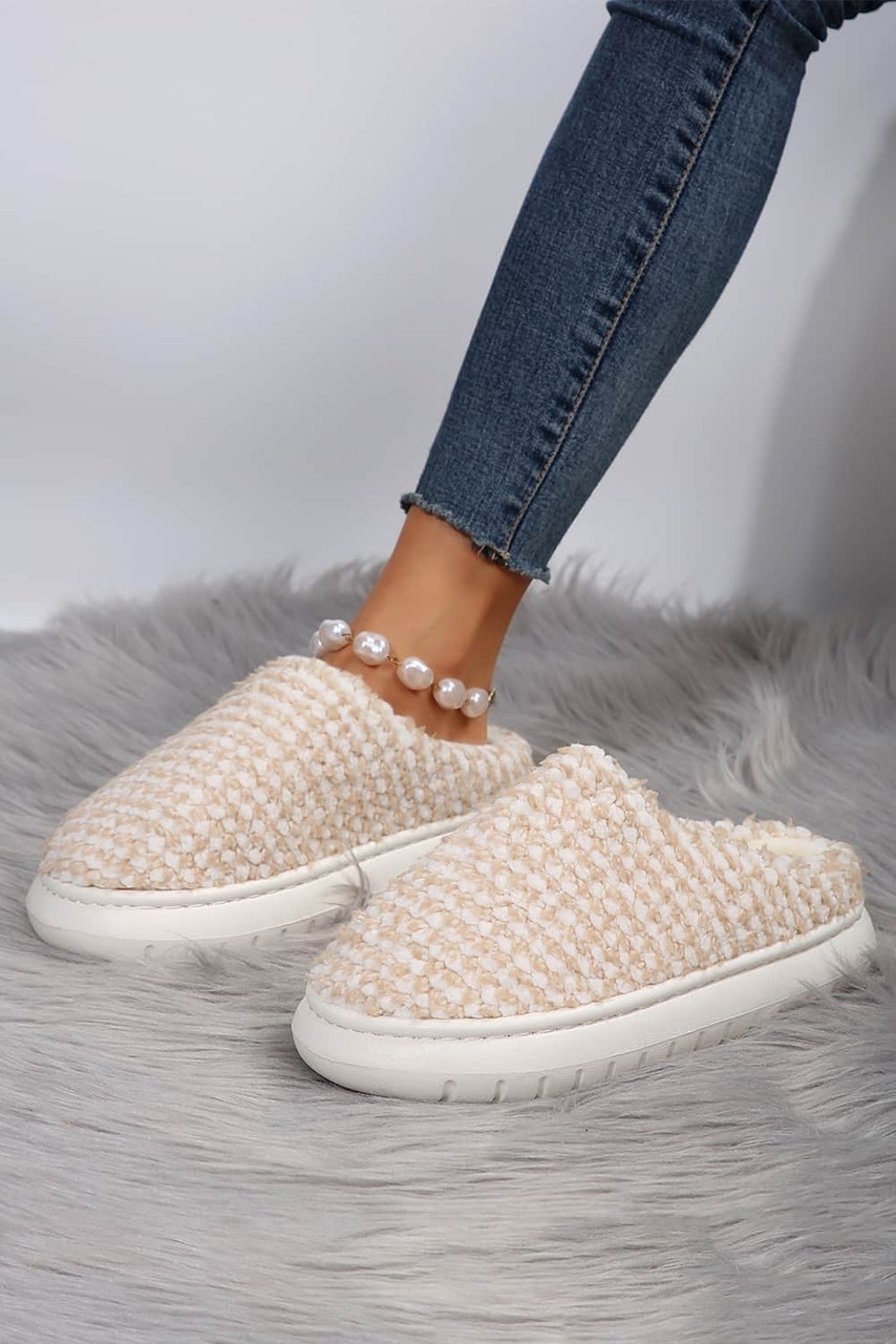 Pale Khaki Two-tone Knitted Warm Homewear Slippers