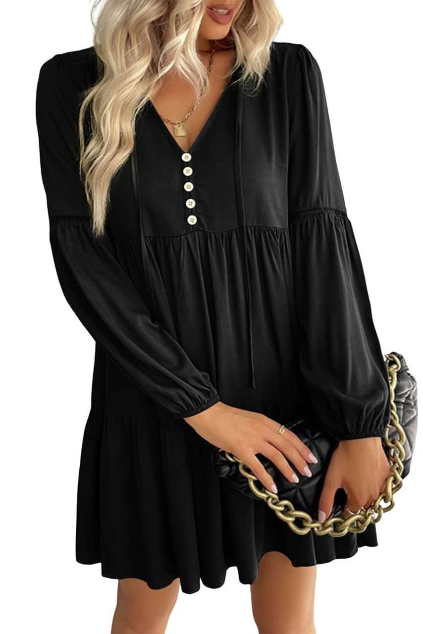 Black Lace Puff Sleeve Buttoned Tiered Ruffled Mini Dress Black Lace Puff Sleeve Buttoned Tiered Ruffled Mini Dress