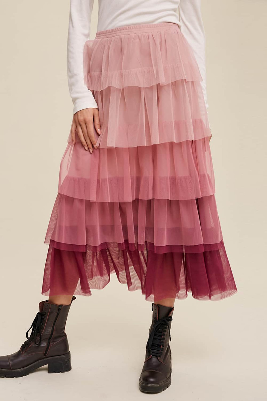 Pink Gradient Ruffle Tiered Mesh Maxi Skirt