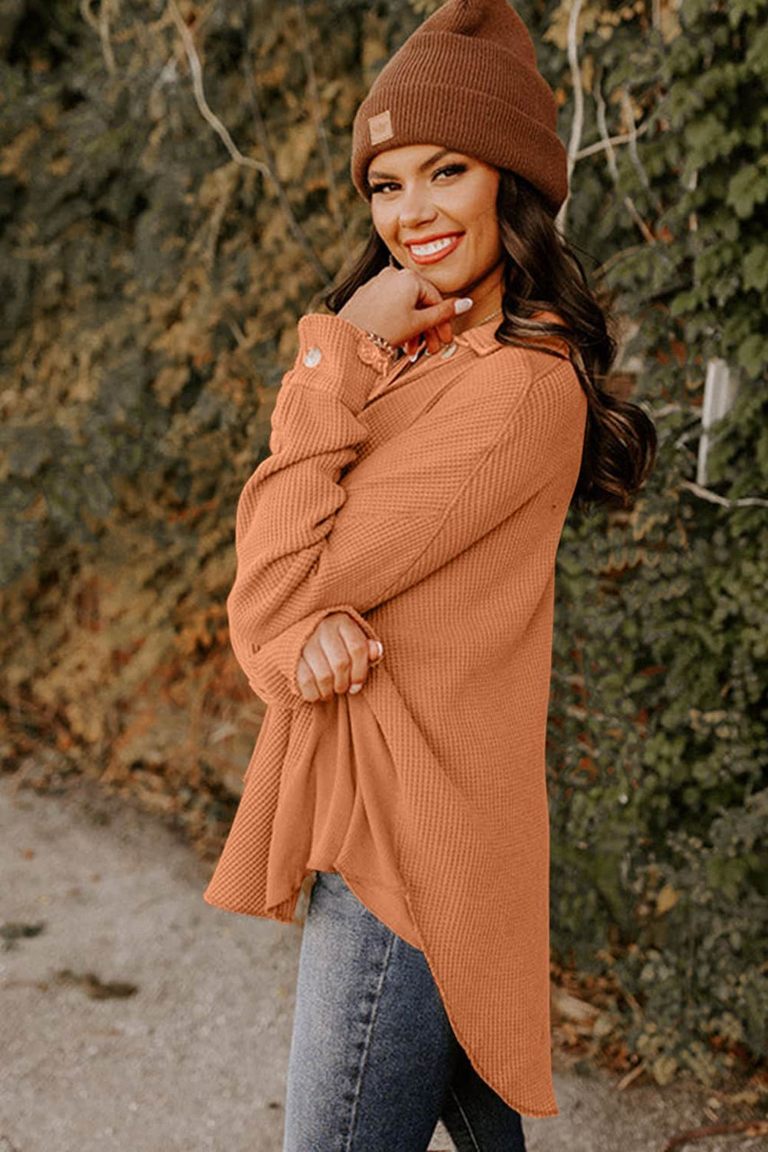 Gold Flame Button Flap Pocket Waffle Knit Shacket Gold Flame Button Flap Pocket Waffle Knit Shacket