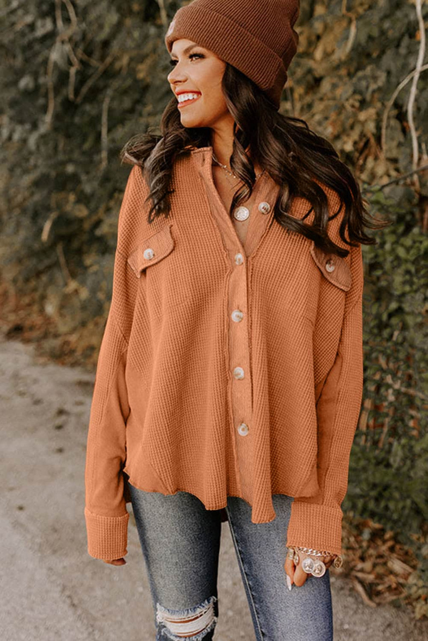 Gold Flame Button Flap Pocket Waffle Knit Shacket Gold Flame Button Flap Pocket Waffle Knit Shacket