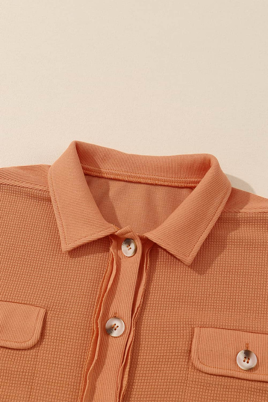 Gold Flame Button Flap Pocket Waffle Knit Shacket Gold Flame Button Flap Pocket Waffle Knit Shacket