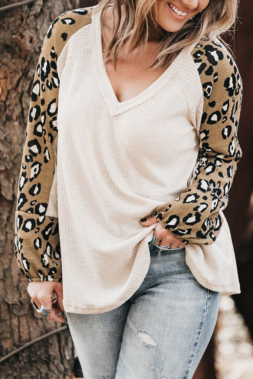 Beige Printed Plus Size Waffle Knit Contrast Leopard Long Sleeve Top Beige Printed Plus Size Waffle Knit Contrast Leopard Long Sleeve Top