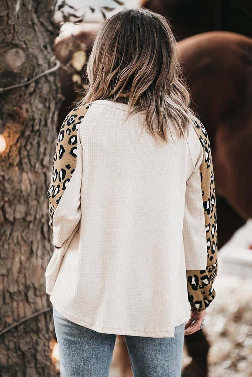 Beige Printed Plus Size Waffle Knit Contrast Leopard Long Sleeve Top Beige Printed Plus Size Waffle Knit Contrast Leopard Long Sleeve Top