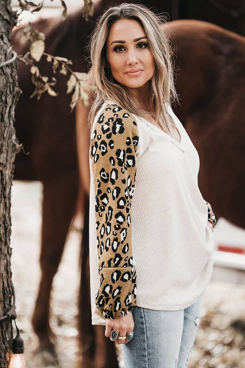 Beige Printed Plus Size Waffle Knit Contrast Leopard Long Sleeve Top Beige Printed Plus Size Waffle Knit Contrast Leopard Long Sleeve Top