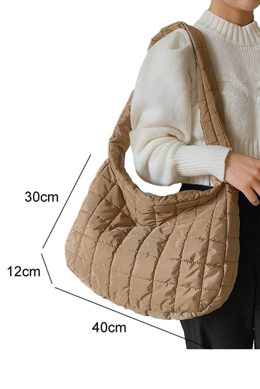 Light French Beige Quilted Zipper Large Shoulder Bag