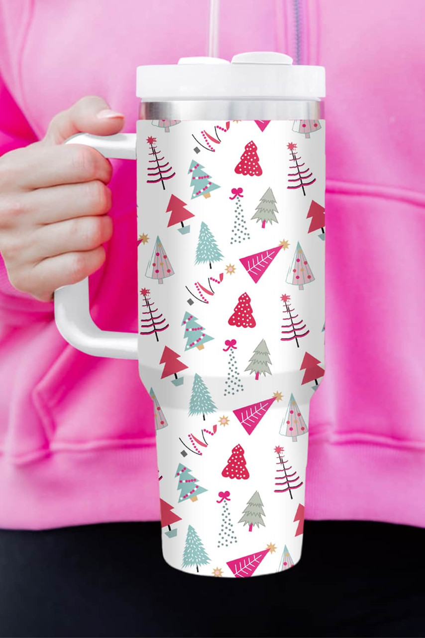 White Cartoon Christmas Tree Printed Thermos Cup