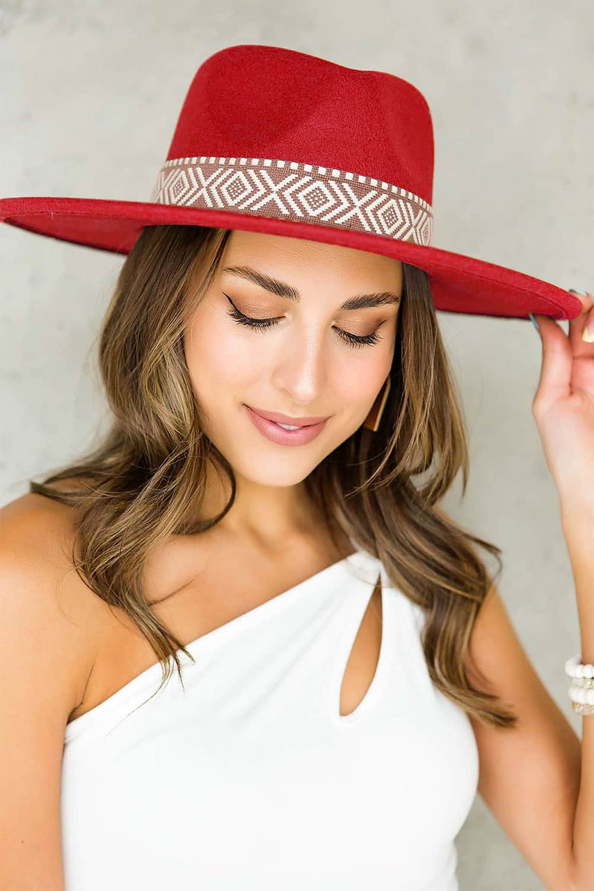 Fiery Red Aztec Embroidery Retro Flat Fedora Hat