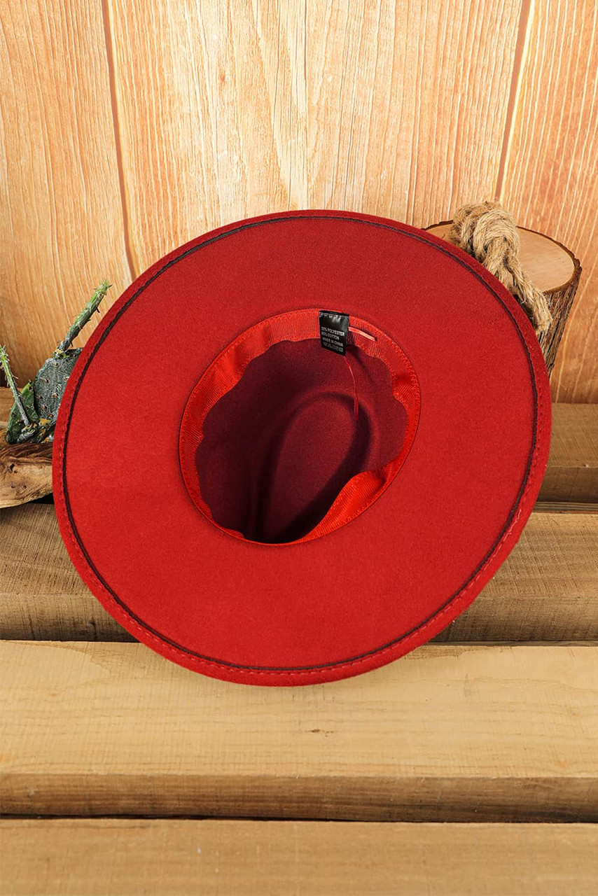 Fiery Red Aztec Embroidery Retro Flat Fedora Hat