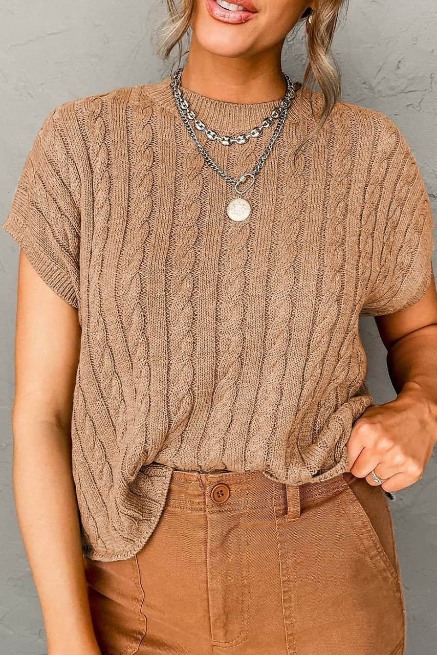 Light French Beige Crew Neck Cable Knit Short Sleeve Sweater Light French Beige Crew Neck Cable Knit Short Sleeve Sweater