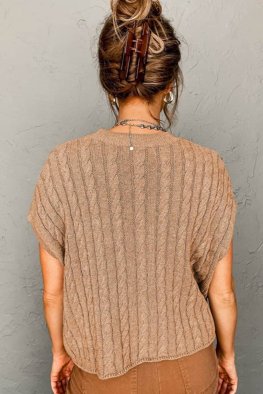 Light French Beige Crew Neck Cable Knit Short Sleeve Sweater Light French Beige Crew Neck Cable Knit Short Sleeve Sweater