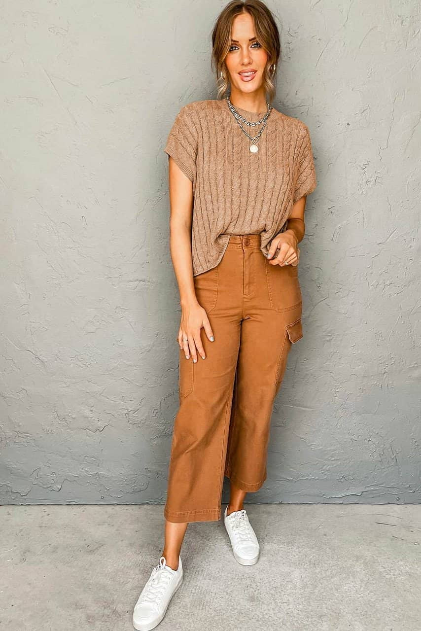 Light French Beige Crew Neck Cable Knit Short Sleeve Sweater Light French Beige Crew Neck Cable Knit Short Sleeve Sweater
