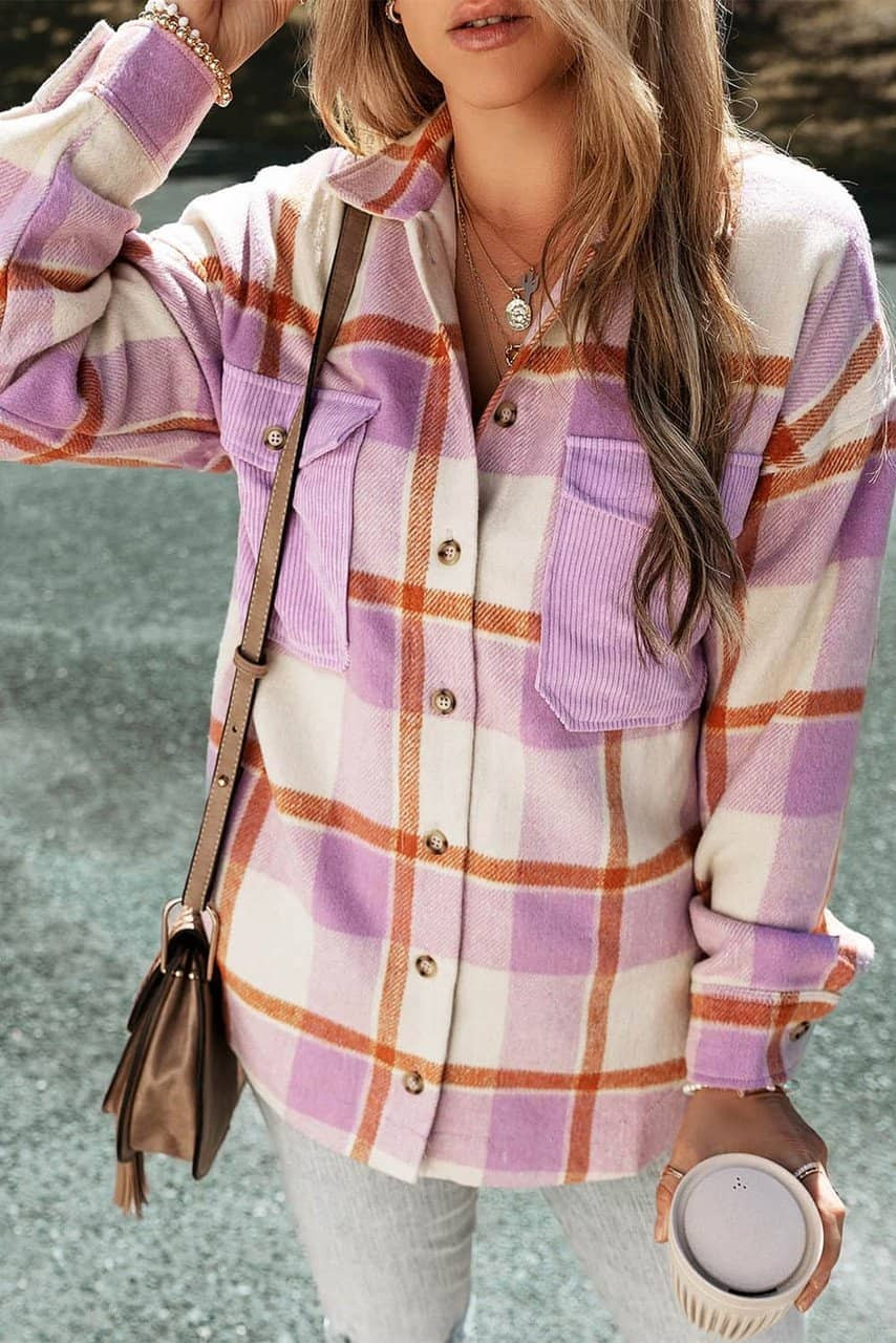 Purple Corduroy Pockets Brushed Checkered Shacket Purple Corduroy Pockets Brushed Checkered Shacket