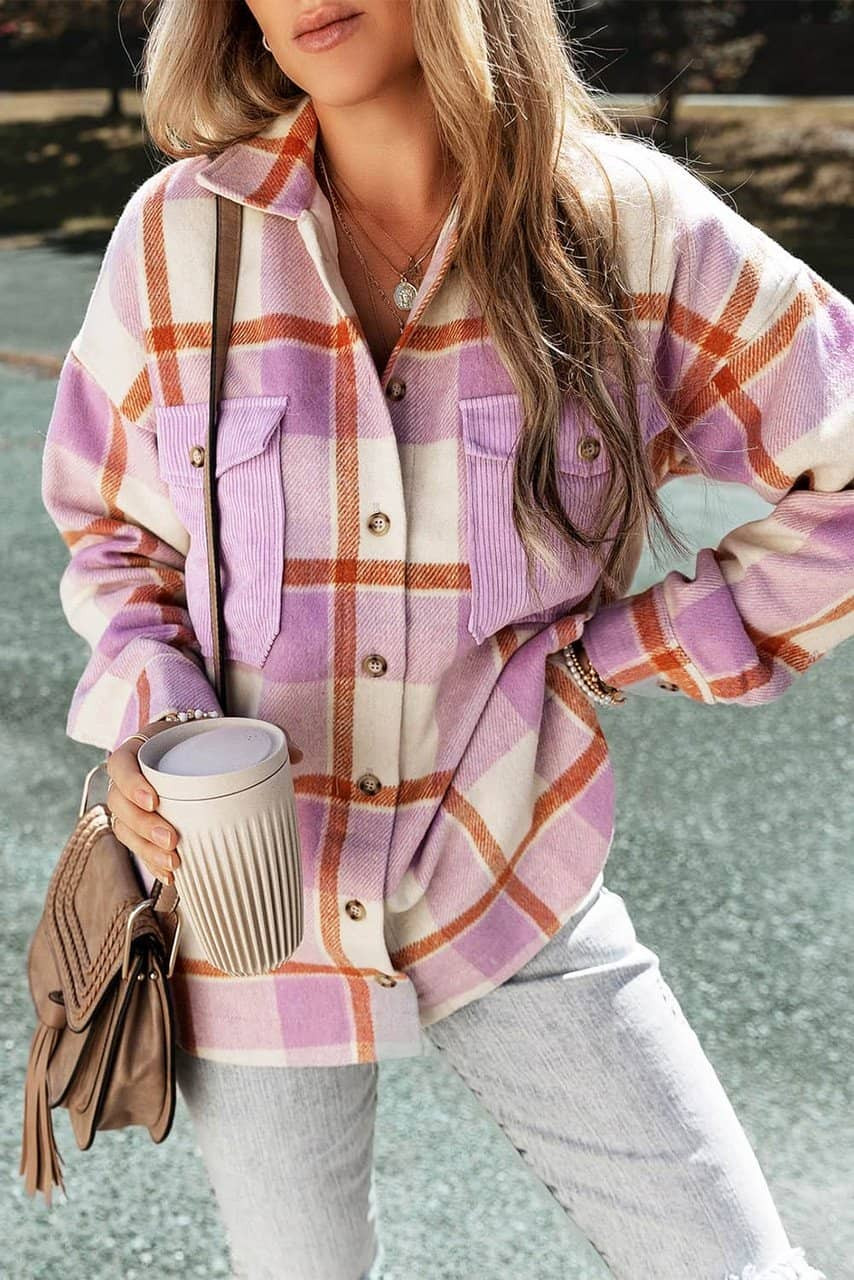 Purple Corduroy Pockets Brushed Checkered Shacket Purple Corduroy Pockets Brushed Checkered Shacket