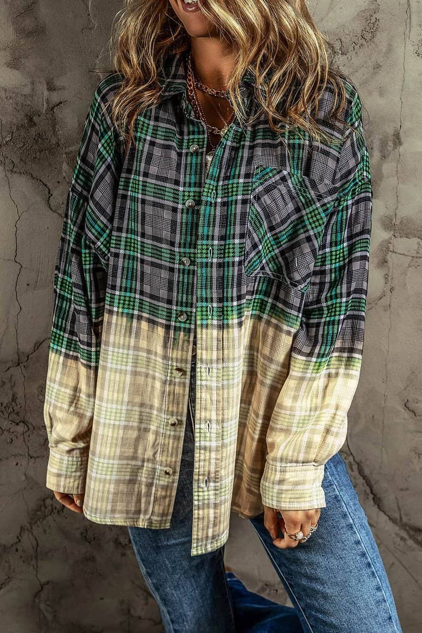 Blackish Green Contrast Plaid Patchwork Chest Pocket Button up Shacket Blackish Green Contrast Plaid Patchwork Chest Pocket Button up Shacket