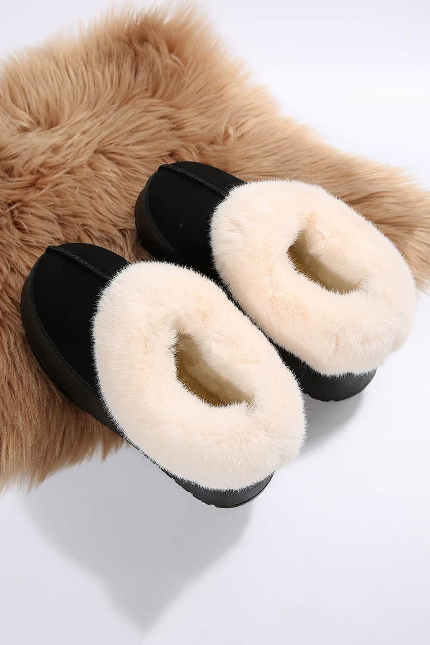 Black Plush Suede Trim Thick Sole Flat Snow Boots