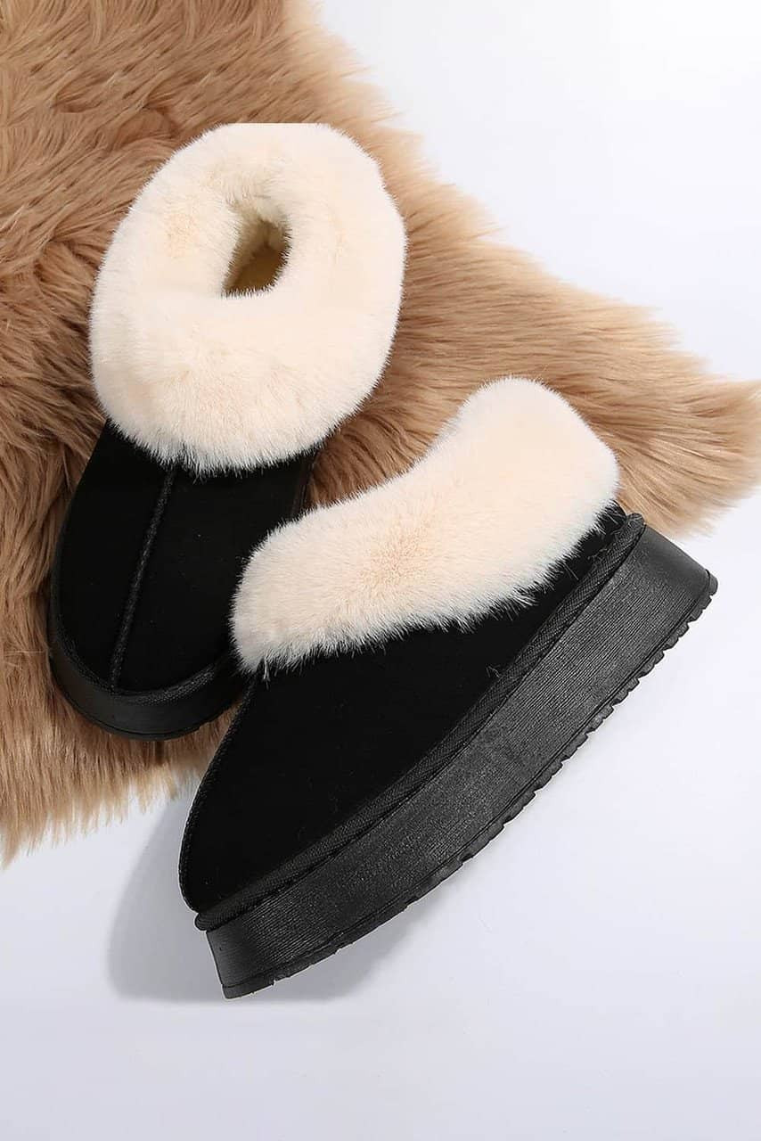 Black Plush Suede Trim Thick Sole Flat Snow Boots
