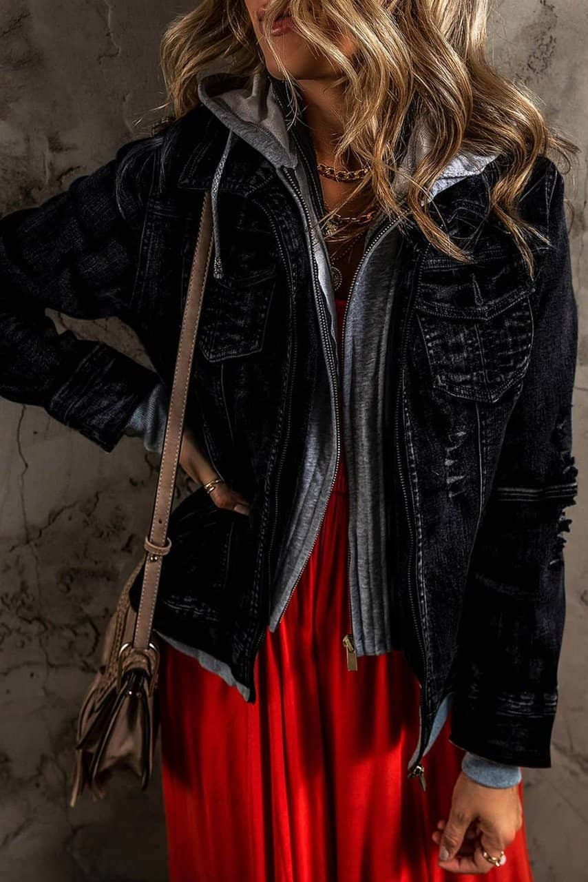 Black Fake Two-Piece Hooded Zip-Up Denim Jacket Black Fake Two-Piece Hooded Zip-Up Denim Jacket