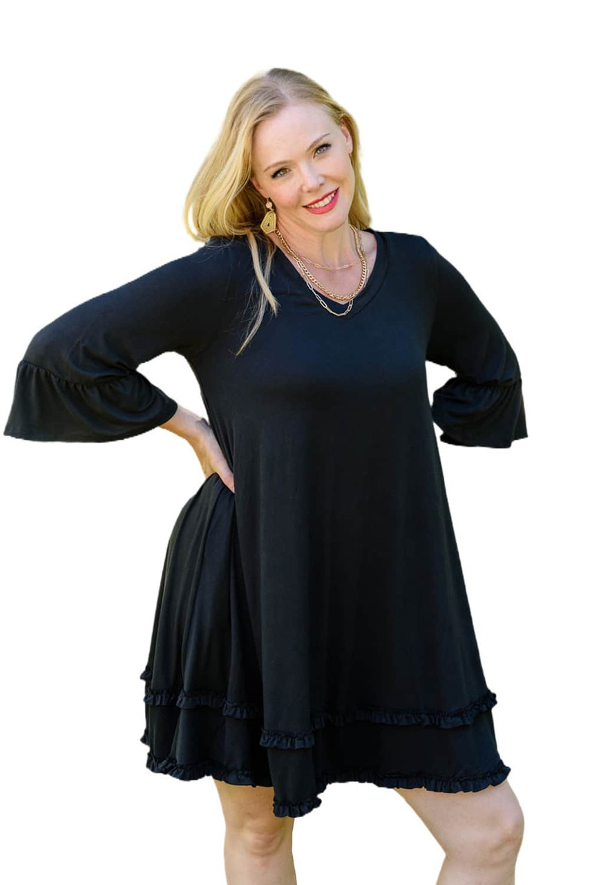 Black Plus Size Ruffled Trim 3/4 Sleeve Dress