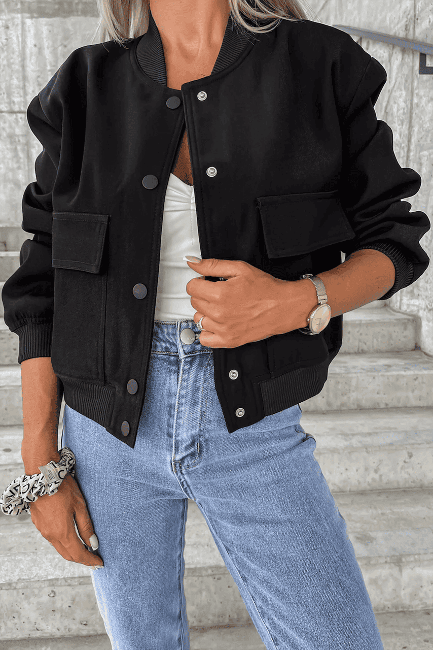 Black Big Pockets Baseball Collar Jacket Black Big Pockets Baseball Collar Jacket