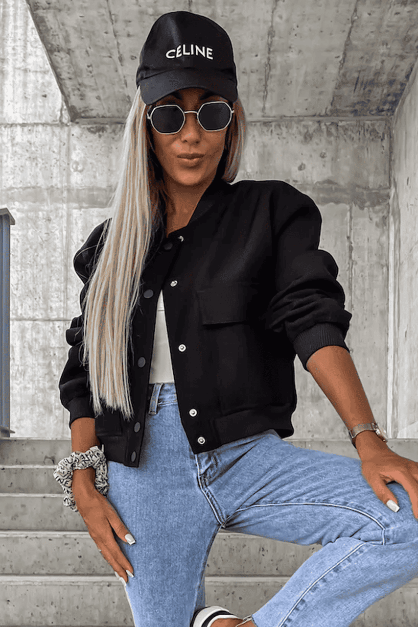 Black Big Pockets Baseball Collar Jacket Black Big Pockets Baseball Collar Jacket