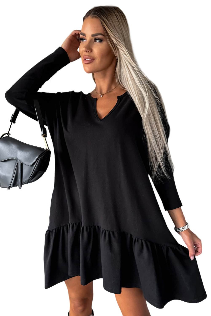 Black Split Neck Long Sleeve Ruffled Loose Dress