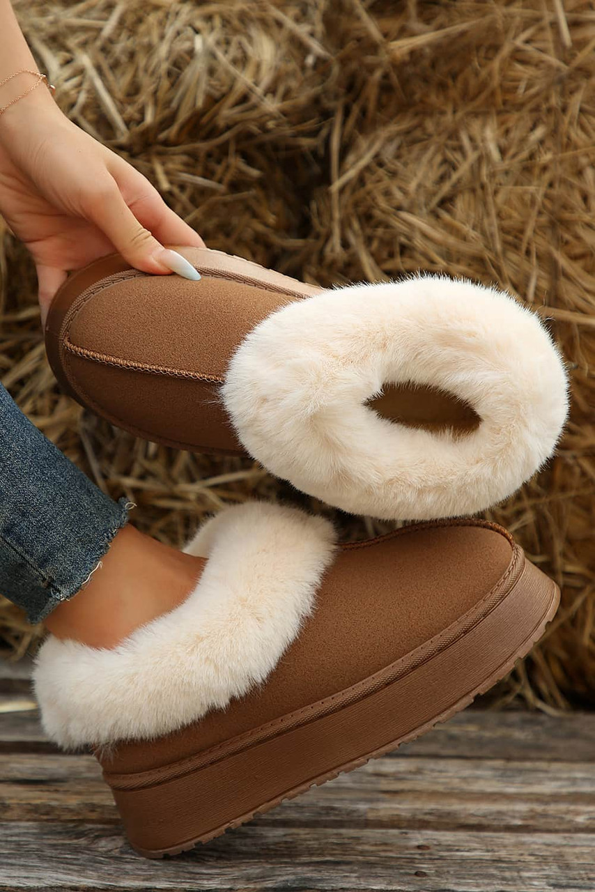 Chestnut Plush Suede Trim Thick Sole Flat Snow Boots