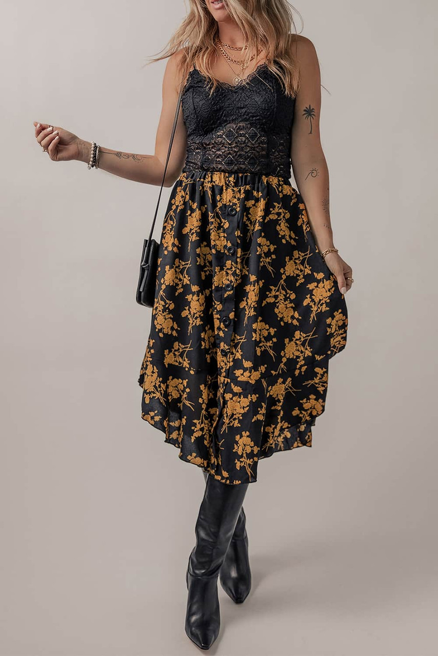 Black Printed Elastic Waist Button Decor Floral Ruffle Skirt