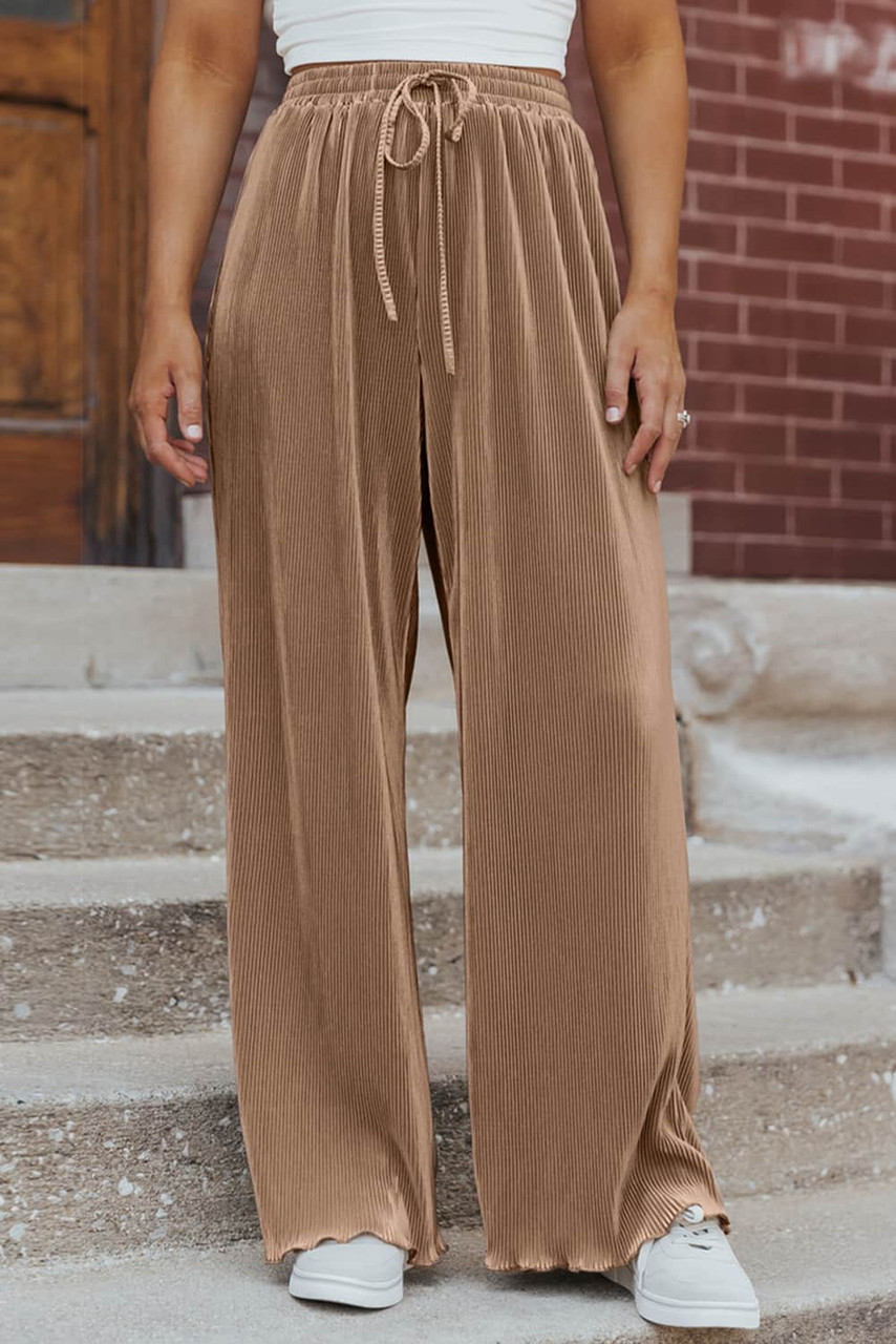 Camel Drawstring High Waist Pleated Wide Leg Pants