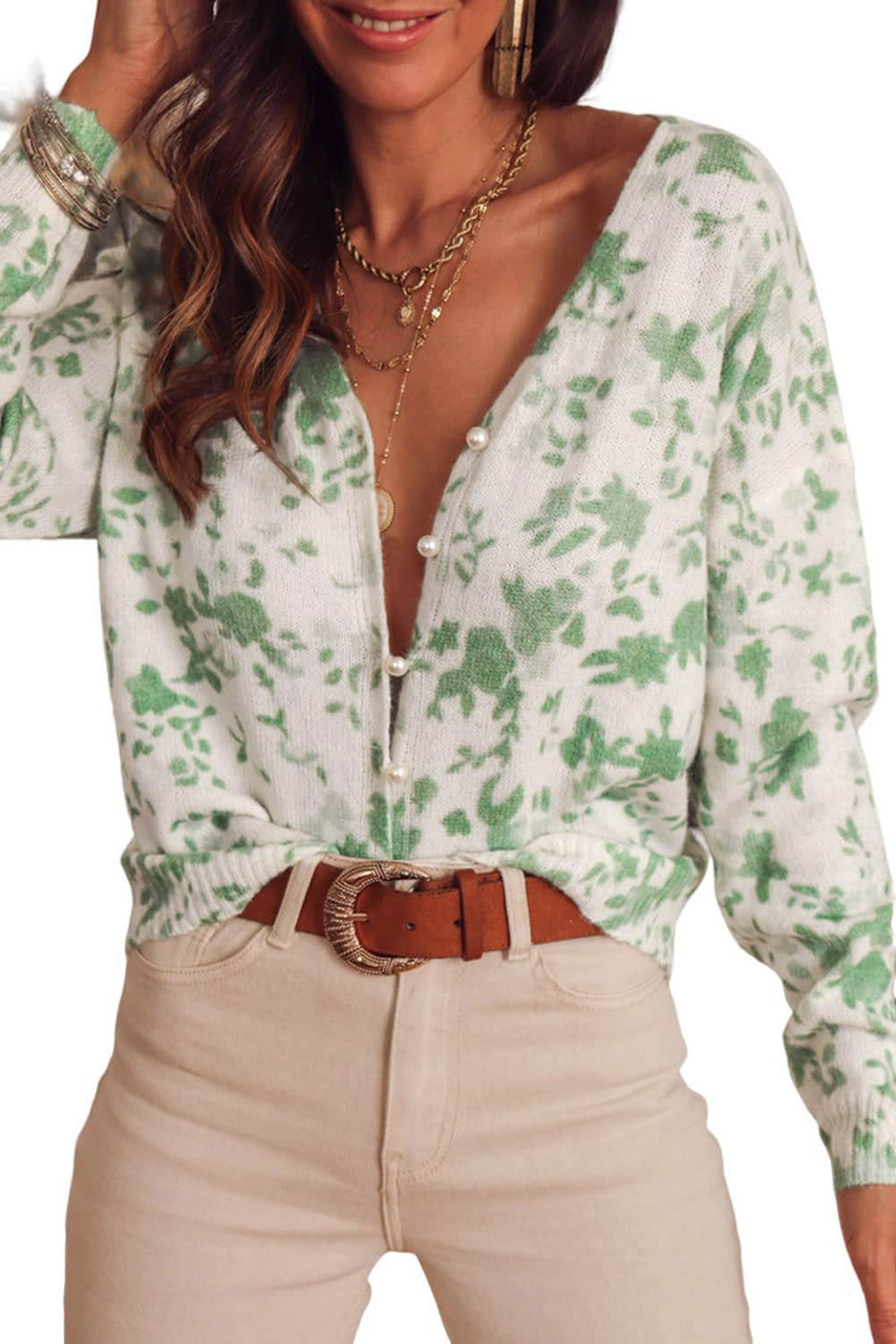 Green Printed Pearl Button V Neck Sweater Cardigan