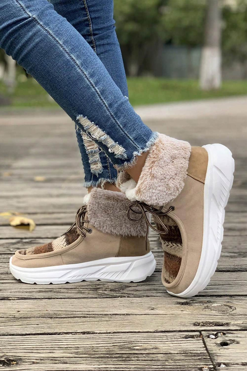 Chestnut Plush Suede Patched Lace Up Ankle Boots