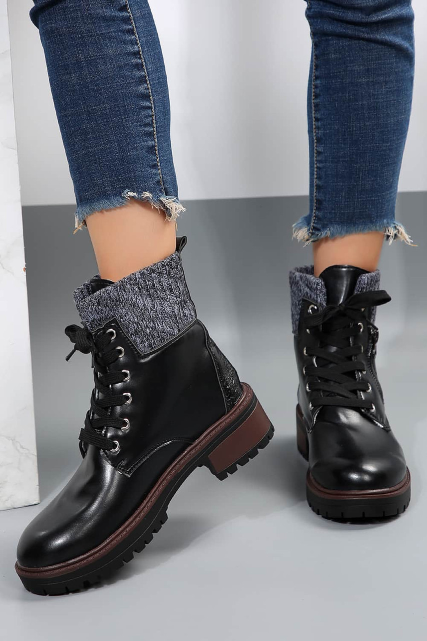 Black Knitted Patched Lace-up Heeled Ankle Boots