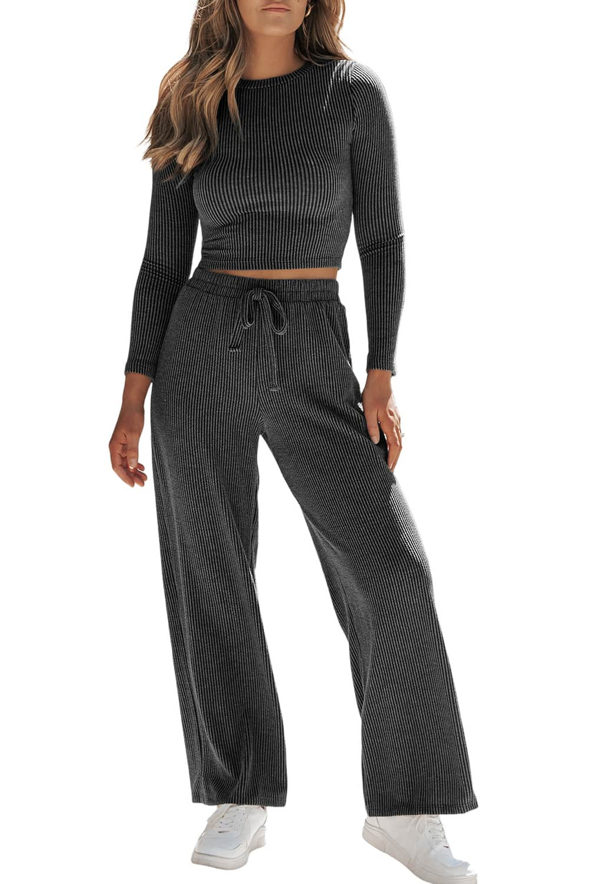 Carbon Grey Corded Long Sleeve Top Wide Leg Pants Set