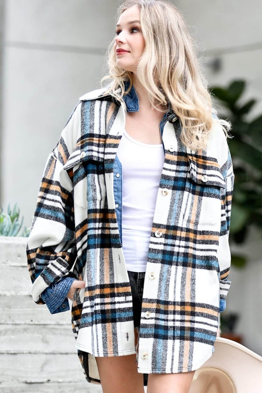 White Plaid Pattern Drop Shoulder Flannel Shacket