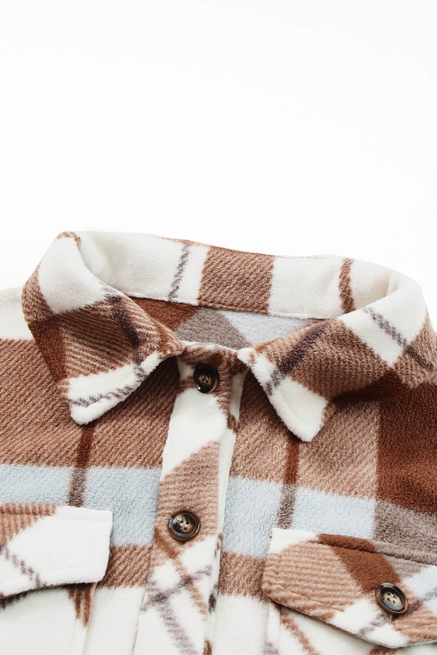 Chestnut Honeycomb Plaid Flap Pockets Shacket