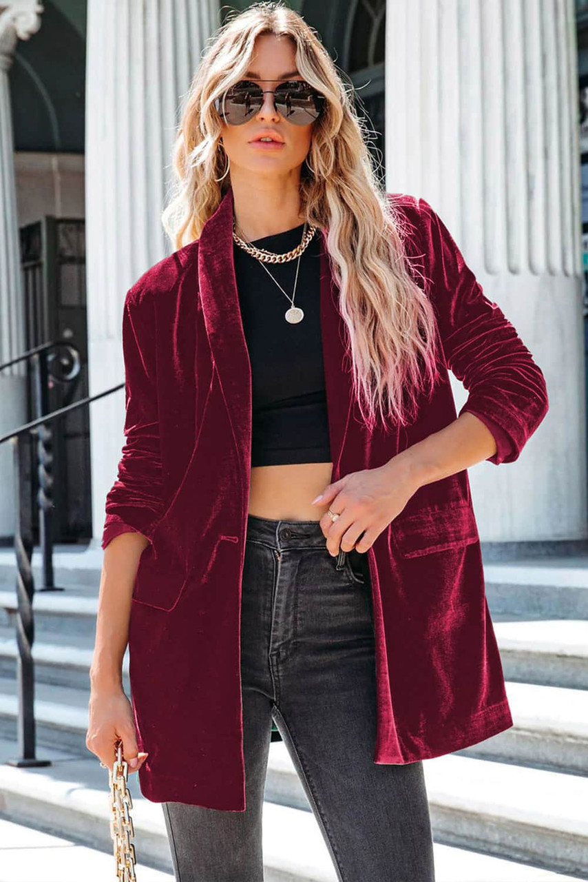 Red Casual Pocketed Velvet Blazer