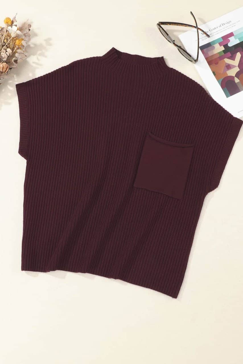 Mineral Red Patch Pocket Ribbed Knit Short Sleeve Sweater Mineral Red Patch Pocket Ribbed Knit Short Sleeve Sweater