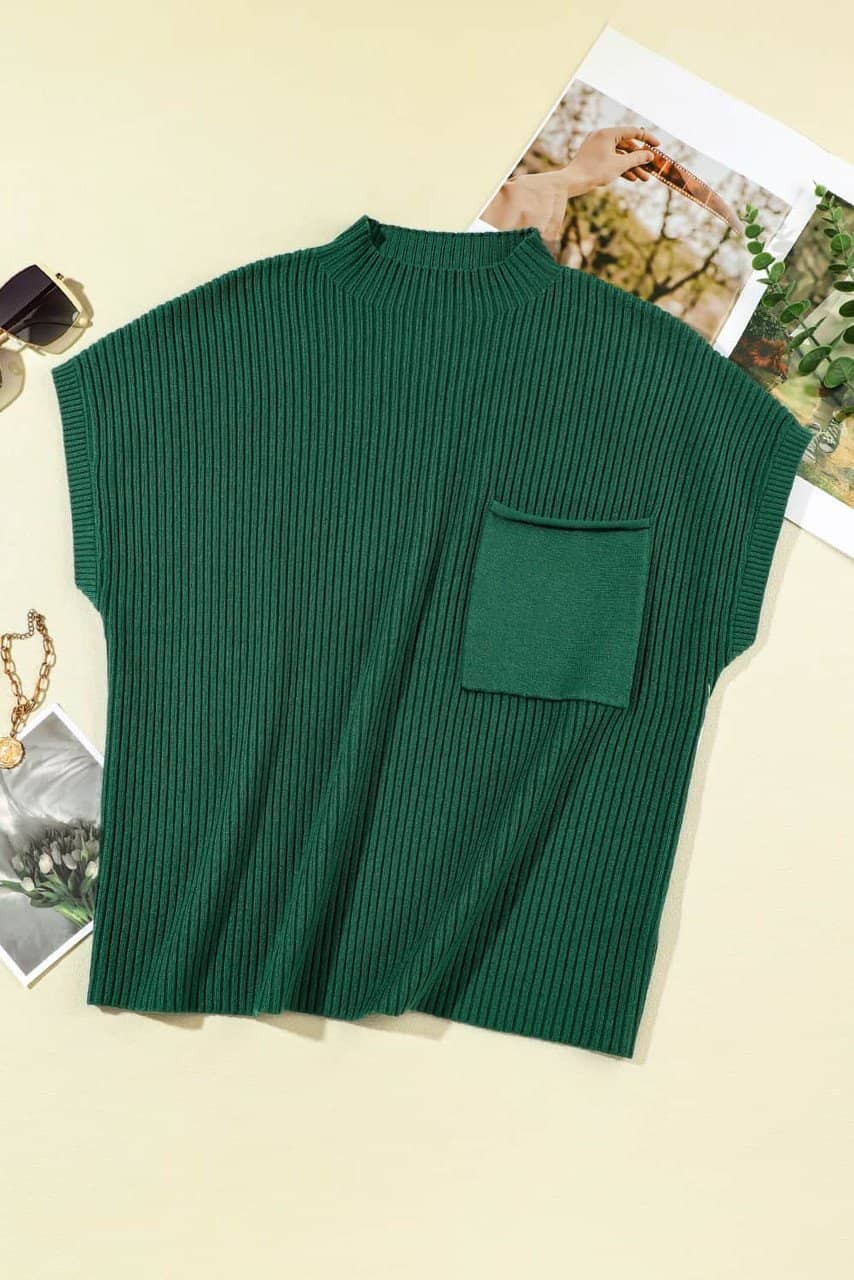 Blackish Green Patch Pocket Ribbed Knit Short Sleeve Sweater Blackish Green Patch Pocket Ribbed Knit Short Sleeve Sweater